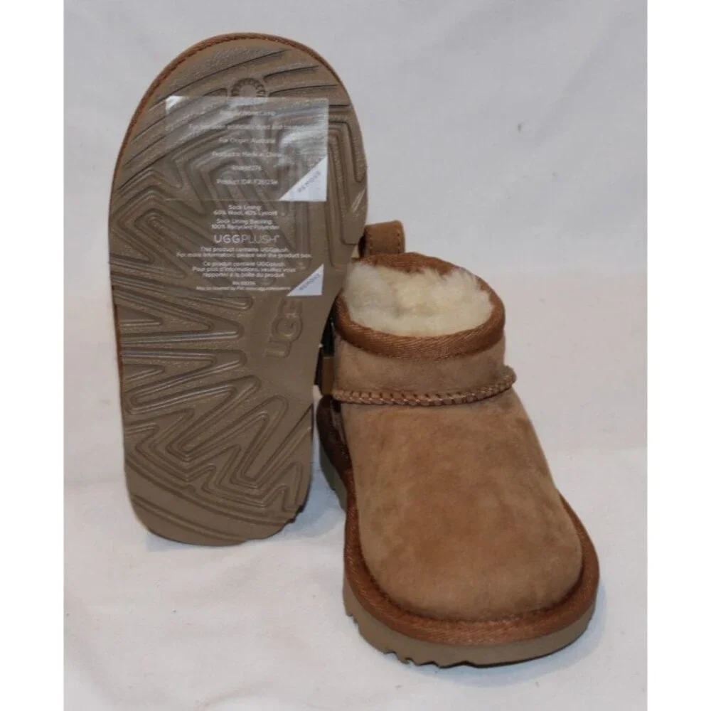 NIB UGG TODDLER‎ ULTRA MINI ZIP SUEDE SHEARLING LINED BOOTS CHESTNUT SZ 8